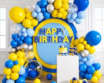 Blue Yellow Silver Balloon Garland Kit, Royal Blue Yellow Latex Balloons With Clear Balloons For Party Backdrop Decor