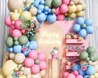 Pink Green Pastel Balloon Arch Garland, Sage Green Pink Blue Yellow Beige Latex Balloons For Birthday Baby Shower Party Decor