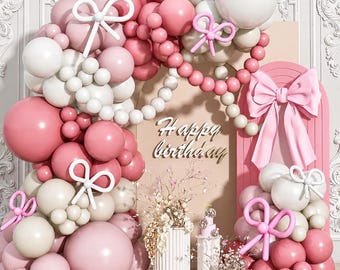 Pink White Balloon Arch Garland, Dusty Pink Beige Cream Latex Balloons With White Bow Balloons For Birthday Baby Shower Wedding Decor