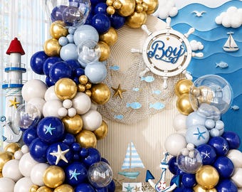 Nautical Balloon Arch Kit, 108 Pcs Navy Blue Sand White Gold Balloons for Baby Shower Sailor Birthday Ocean Party Decor
