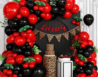 Red Black Cherry Balloon Garland Arch Kit, Green Foil Cheetah Print Balloons for Birthday Baby Shower Wedding Party Decor