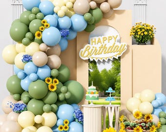 Green Blue Yellow Balloon Arch Garland, Dusty Blue Sage Green Beige Latex Balloons For Kids Birthday Bear Baby Shower Decor