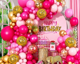 Hot Pink Cheetah Print Balloon Arch Kit, 112 Pcs Pink Gold Balloon Garland for Safari Jungle Birthday Party Decor