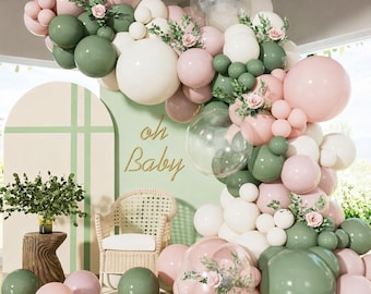 Pink Green Balloon Arch Kit 142PCS, Sage Green Sand White Balloon Garland for Baby Shower Boho Party