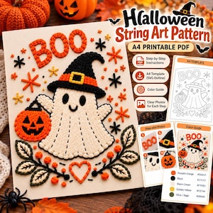May include: A Halloween string art pattern featuring a cream-colored ghost wearing a black witch hat with an orange band, holding an orange jack-o'-lantern. The design includes the word BOO, orange stars, and a heart, with A4 printable PDF details.