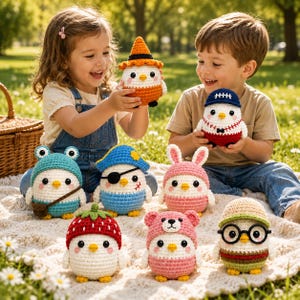 May include: A collection of eight small, round, crocheted plush figures. Each figure features a white body, a yellow beak, and a unique hat or accessory, including a strawberry, a bear hood, glasses, a pirate hat, a frog hood, and a baseball cap.