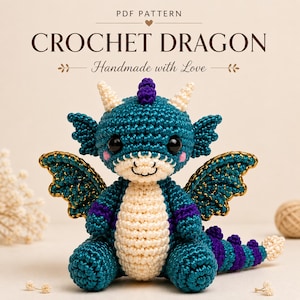 May include: A handmade crochet dragon in teal, purple, and cream colors. The dragon has large black eyes, small cream horns, and gold-trimmed wings. The text "CROCHET DRAGON" and "Handmade with Love" are displayed at the top of the image.
