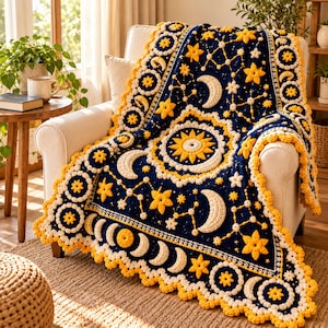 May include: A navy blue crochet blanket featuring a central sun motif surrounded by cream-colored crescent moons and yellow stars. The border is decorated with a repeating pattern of yellow flowers and cream-colored crescent moons.