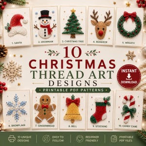 May include: A collection of 10 Christmas thread art designs featuring printable PDF patterns. The images display string art motifs including a Santa hat, snowman, tree, reindeer, wreath, snowflake, gingerbread man, bell, stocking, and candy cane.