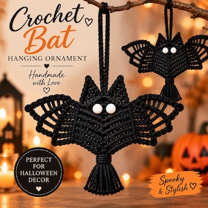 May include: Two black crochet bat hanging ornaments featuring white bead eyes and a knotted tassel tail. The text on the image reads Crochet Bat, Hanging Ornament, Handmade with Love, Perfect for Halloween Decor, and Spooky & Stylish.