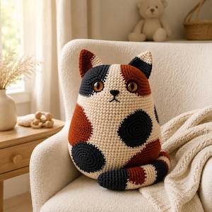 Calico Cat Crochet Pattern PDF, Large Amigurumi Cat Pillow, Instant Digital Download