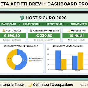 Può includere: Un tablet mostra un dashboard digitale con dati finanziari, tra cui entrate e tassi di occupazione. Un portachiavi con un ciondolo a forma di casa e una penna sono sulla superficie di legno. Il testo include "HOST SICURO 2026" e "DIGITAL DOWNLOAD GOOGLE SHEETS TEMPLATE."