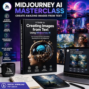 Può includere: Un libro nero intitolato A Guide to Creating Images from Text Using Midjourney AI, con un cervello all'interno di un casco meccanico sulla copertina. Accanto ci sono una tazza nera con logo a vela, un taccuino a spirale, un tablet e un portatile.