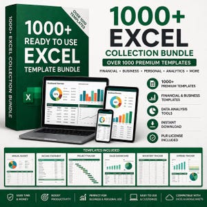 Peut inclure: Un pack de modèles Excel avec plus de 1000 modèles prêts à l'emploi. L'image montre un ordinateur portable, une tablette et un smartphone affichant des graphiques. Le pack comprend des modèles financiers, commerciaux et personnels.