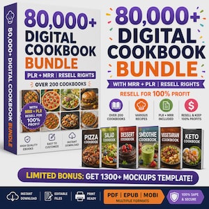 Peut inclure: Un ensemble de livres de cuisine numériques avec le texte "80,000+ DIGITAL COOKBOOK BUNDLE" en violet et orange. L'ensemble comprend plus de 200 livres de cuisine avec droits de revente, diverses recettes et plusieurs formats.