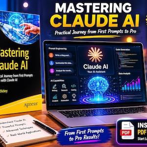 May include: A book titled "Mastering Claude AI" with a laptop displaying the Claude AI interface. The book cover features a futuristic design. The image also includes a notepad, pen, and a mug with an AI logo.