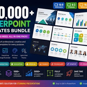 Peut inclure: Image promotionnelle pour un pack de modèles PowerPoint. Le fond est bleu foncé avec le texte "300,000+ PowerPoint Templates Bundle". L'image présente des exemples de diapositives et des icônes, soulignant les fonctionnalités telles que les diapositives uniques, le glisser-déposer et les éléments personnalisables.