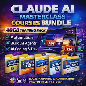 Peut inclure: Image promotionnelle pour un ensemble de cours de masterclass Claude AI. Le graphisme présente un ordinateur, un smartphone et plusieurs dossiers de fichiers. Le texte comprend "Automation", "Build AI Agents" et "AI Coding & Dev". L'image a une palette de couleurs violet et bleu.