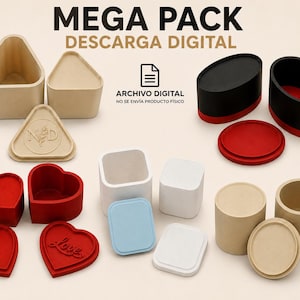 Puede incluir: Una colección de contenedores de varias formas y colores, incluyendo beige, rojo, negro, blanco y azul. Los contenedores incluyen triángulos, corazones, cuadrados y cilindros, algunos con tapas. El texto "MEGA PACK DESCARGA DIGITAL" y "ARCHIVO DIGITAL NO SE ENVIA PRODUCTO FISICO" son visibles.