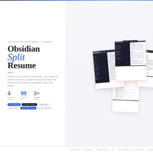 May include: A professional resume template titled "Obsidian Split Resume" with a two-column layout. The design features a dark blue left panel, white right column, and a clean, modern aesthetic. The image shows several document examples.