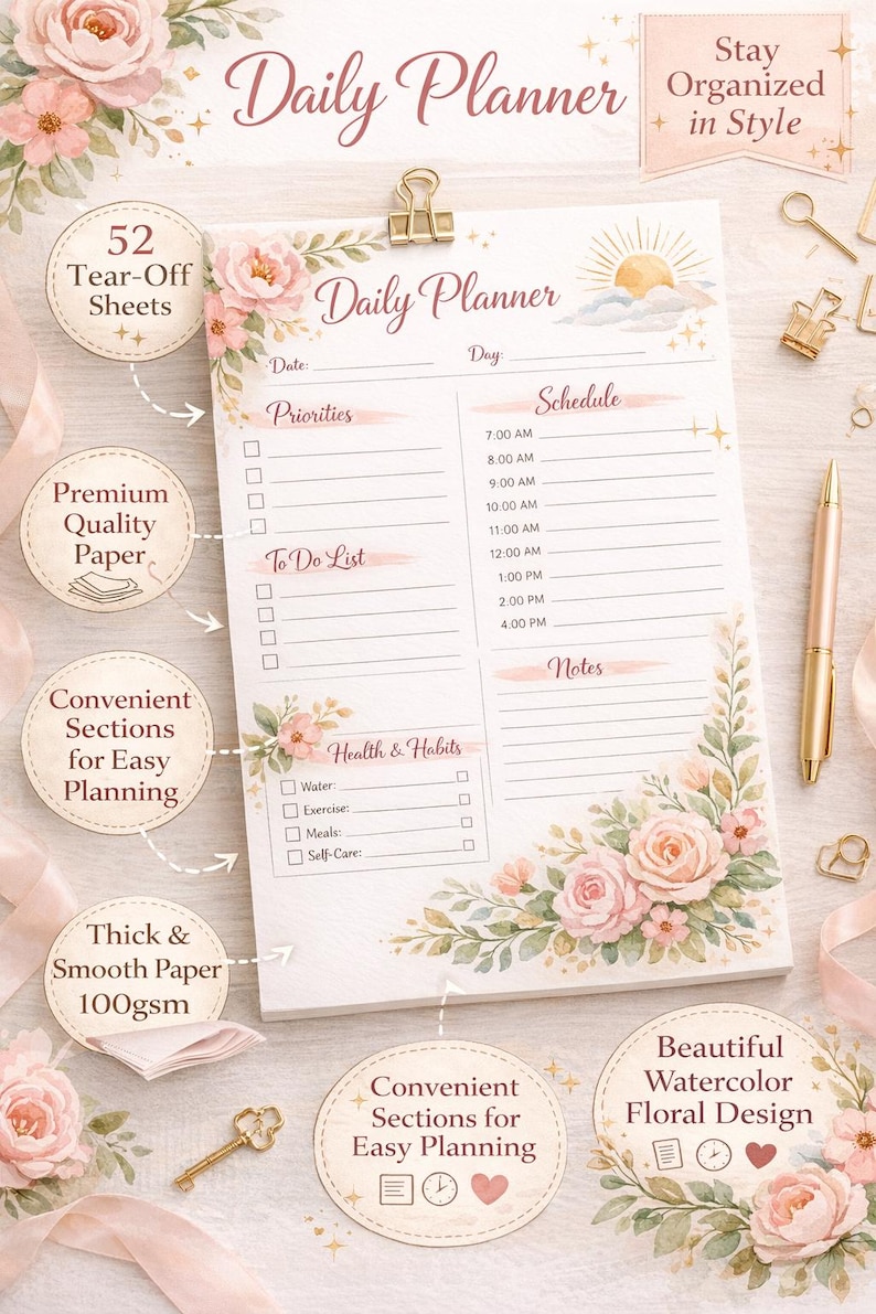 Floral Daily Planner Printable | Productivity Sheet | To-do List ...