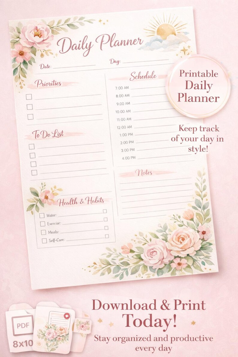 Floral Daily Planner Printable | Productivity Sheet | To-do List ...