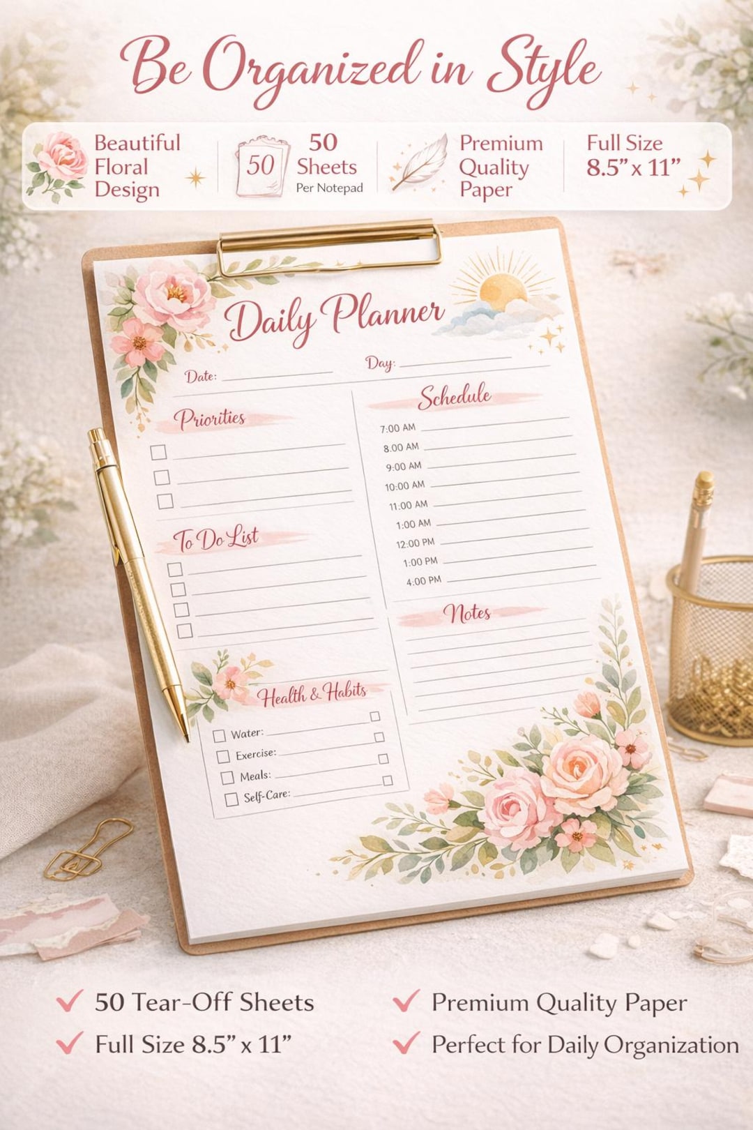 Floral Daily Planner Printable | Productivity Sheet | To-do List ...
