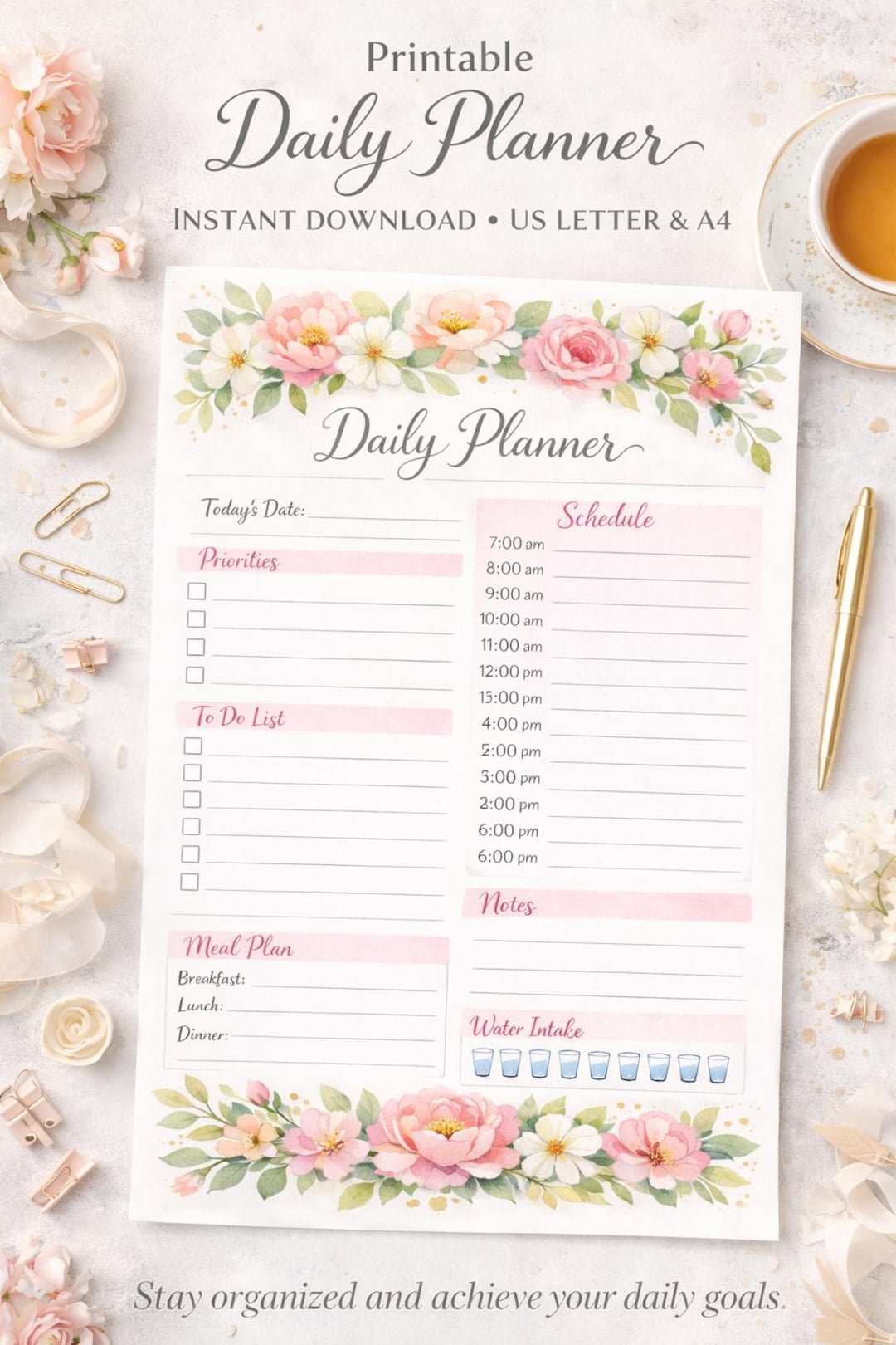 Elegant Floral Daily Planner Printable | Pink Productivity | To-do List ...