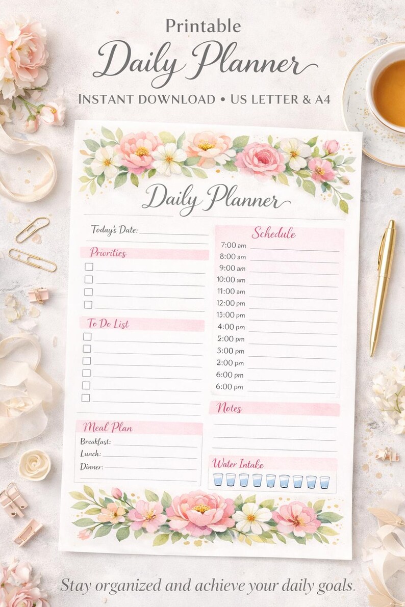 Elegant Floral Daily Planner Printable | Pink Productivity | To-do List ...