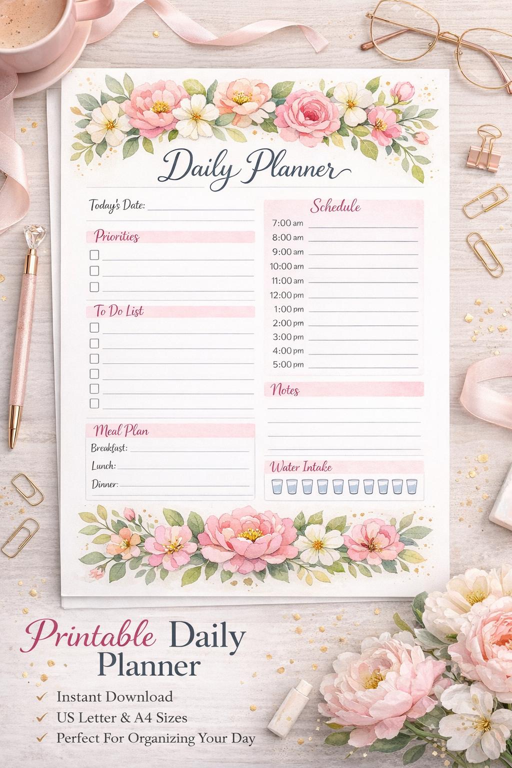 Elegant Floral Daily Planner Printable | Pink Productivity | To-do List ...