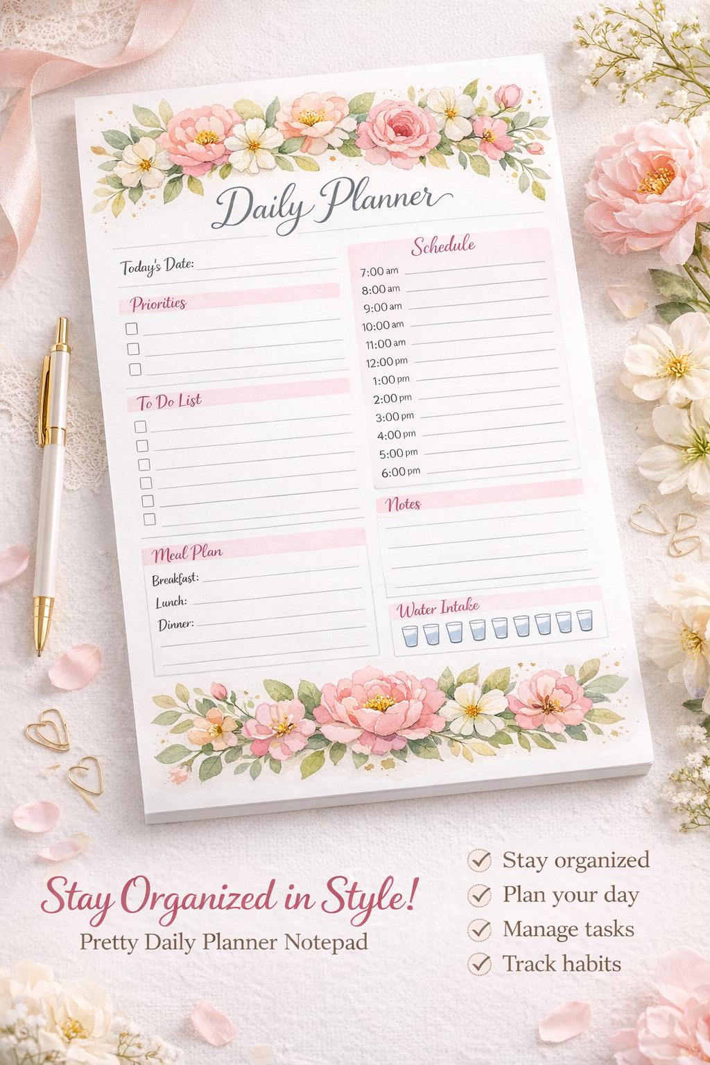 Elegant Floral Daily Planner Printable | Pink Productivity | To-do List ...