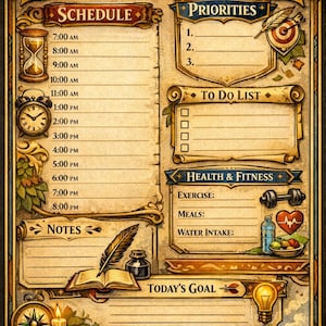 May include: A vintage-style daily planner with a detailed design. It features sections for scheduling, priorities, to-do lists, health and fitness, notes, and a goal tracker. The text "DAILY PLANNER" is at the top, with "BOOST YOUR PRODUCTIVITY!" at the bottom.