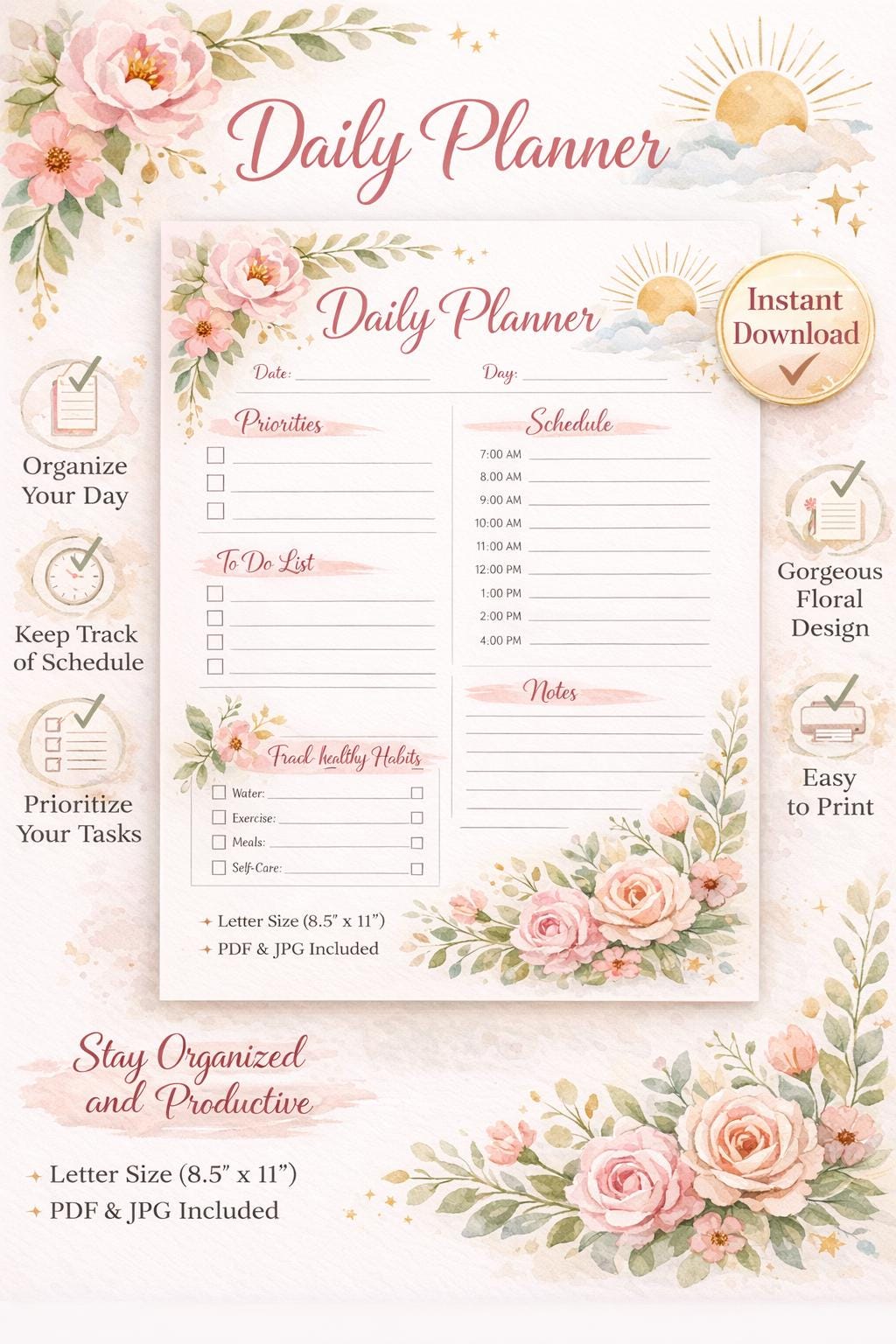 Floral Daily Planner Printable | Productivity Sheet | To-do List ...