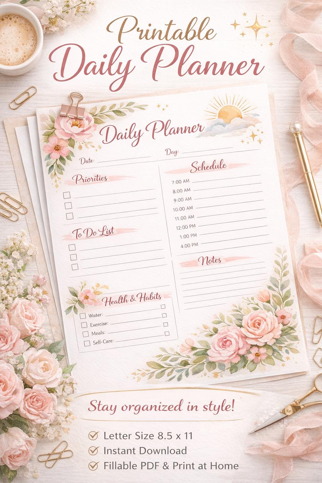 Floral Daily Planner Printable | Productivity Sheet | To-do List ...