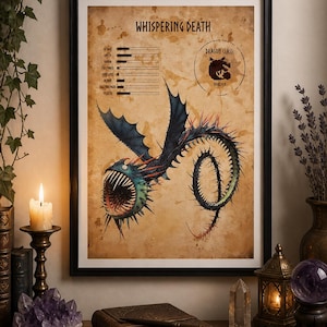 Op de afbeelding: Ingelijste print met een gedetailleerde illustratie van een draak met de naam "Whispering Death". De draak is afgebeeld in blauwe, groene en rode tinten op een achtergrond in perkamentstijl. Inclusief een zwart frame en drakenklasse details.