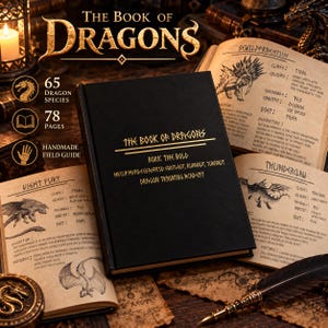 Op de afbeelding: Een zwart hardcover boek getiteld The Book of Dragons met gouden letters, met pagina's vol drakenillustraties en tekst. De kaft vermeldt Bork the Bold en Dragon Training Academy. Het boek is omringd door perkamenten pagina's en een ganzenveer.