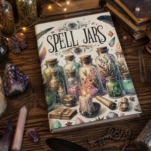 Può includere: Un libro intitolato "Spell Jars" con illustrazioni di bottiglie di pozioni, candele e cristalli. L'immagine ha un tema mistico, con varie bottiglie, candele e cristalli disposti su una superficie di legno. Sono visibili anche una candela accesa e un piccolo calderone.