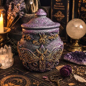 Puede incluir: Un tarro decorativo morado y dorado con tapa, adornado con intrincados diseños florales y de polillas. El tarro está rodeado de cristales, velas, una bola de cristal y otros objetos místicos, creando una estética gótica o de bruja.