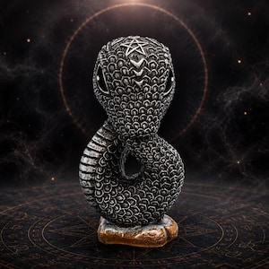 Könnte beinhalten: Silberfarbene Schlangenfigur mit einem Pentagramm auf dem Kopf. Die Schlange ist in Form eines Unendlichkeitssymbols gewunden und ruht auf einem kleinen, braunen Sockel. Der Hintergrund ist dunkel mit einem Himmelsdesign.