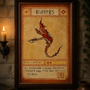 May include: Framed artwork featuring a stylized orange and red dragon illustration. The artwork includes the word "BIRTNBS" at the top and other text in a stylized font. The frame is dark brown, and the background is a textured, parchment-like color.