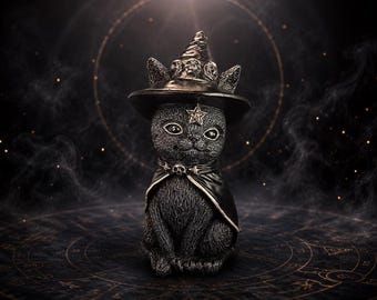 Peut inclure: Figurine de chat noir portant un chapeau de sorcière orné de crânes et une cape. Le chat a un pentagramme sur son chapeau et une boucle en forme de crâne sur sa cape. Fond sombre et mystique avec un motif circulaire.