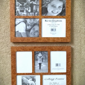 May include: Two rectangular collage frames with a light brown burl wood finish. The top frame holds three black and white photos and one insert card labeled The Kensington Collection. The bottom frame holds one photo and three insert cards.