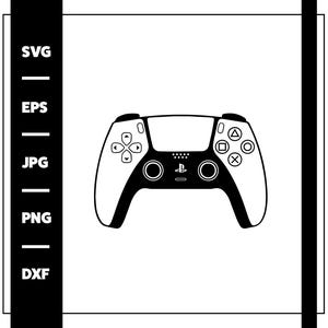 May include: A black and white graphic of a video game controller. The controller has a white body with black accents, including the buttons and joysticks. The image also includes the file type options: SVG, EPS, JPG, PNG, and DXF.