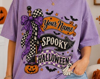 Personalized Halloween Name PNG, Custom Spooky Halloween PNG, Purple Checkered Bow Ghost Pumpkin Sublimation