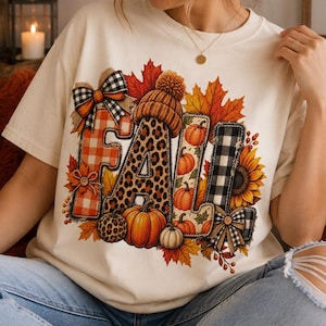 Letras de patchwork otoñales PNG, Calabaza Leopardo Cuadros Otoño PNG, Diseño acogedor de apliques otoñales para sublimación