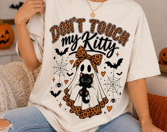 Don’t Touch My Kitty PNG, Funny Black Cat Ghost PNG, Leopard Bow Halloween Cat PNG, Sarcastic Spooky Sublimation
