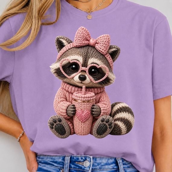 Cute Raccoon PNG, Knitted Raccoon Clipart, Crochet Animal PNG, Kawaii Woodland Design, Sublimation, DTF, Cricut Download