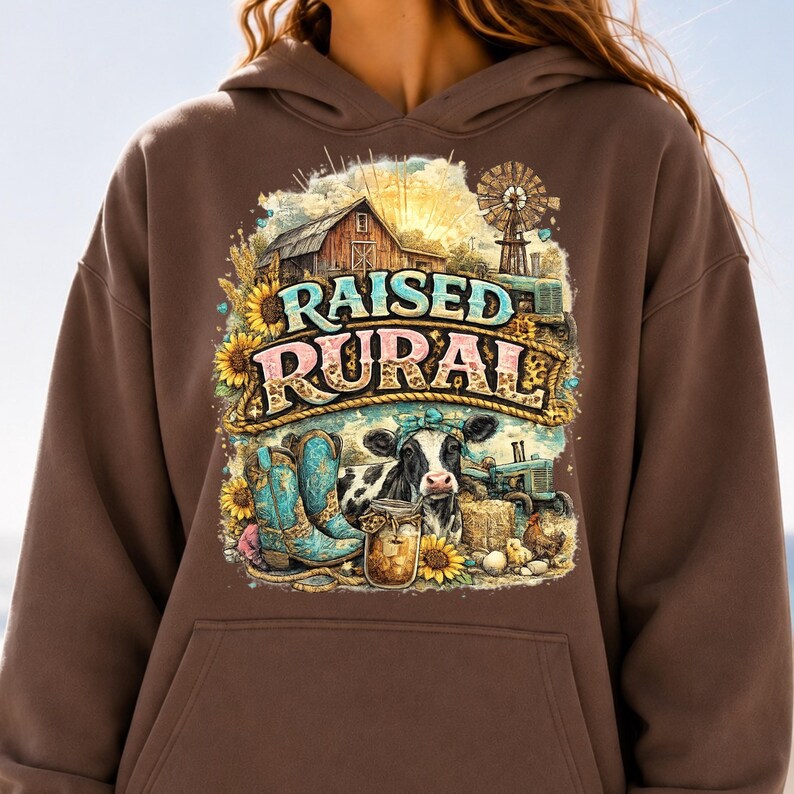 May include: A brown hooded sweatshirt featuring a graphic print with the text RAISED RURAL. The design includes a barn, a windmill, a cow, turquoise cowboy boots, sunflowers, and a mason jar. The artwork has a distressed, rustic aesthetic.