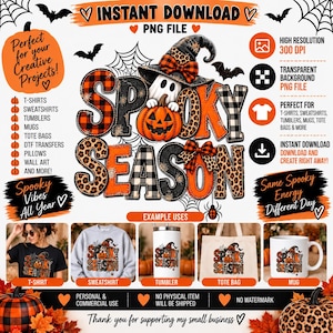 May include: A digital graphic design featuring the text Spooky Season in a mix of orange, black, and white buffalo plaid and leopard print patterns. A ghost wearing a witch hat holds an orange pumpkin. Includes bats, spiderwebs, and icons.