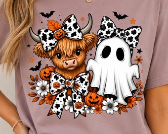 Halloween Highland Cow PNG, Ghost and Cow PNG, Cow Print Bow Halloween PNG, Cute Western Spooky Sublimation Design